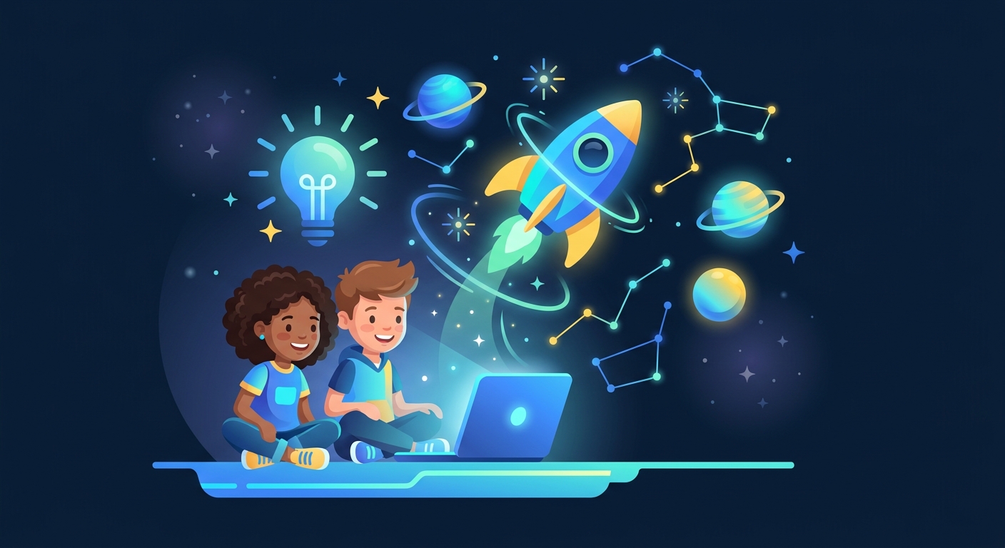 Children exploring AI and space with a laptop and rocket